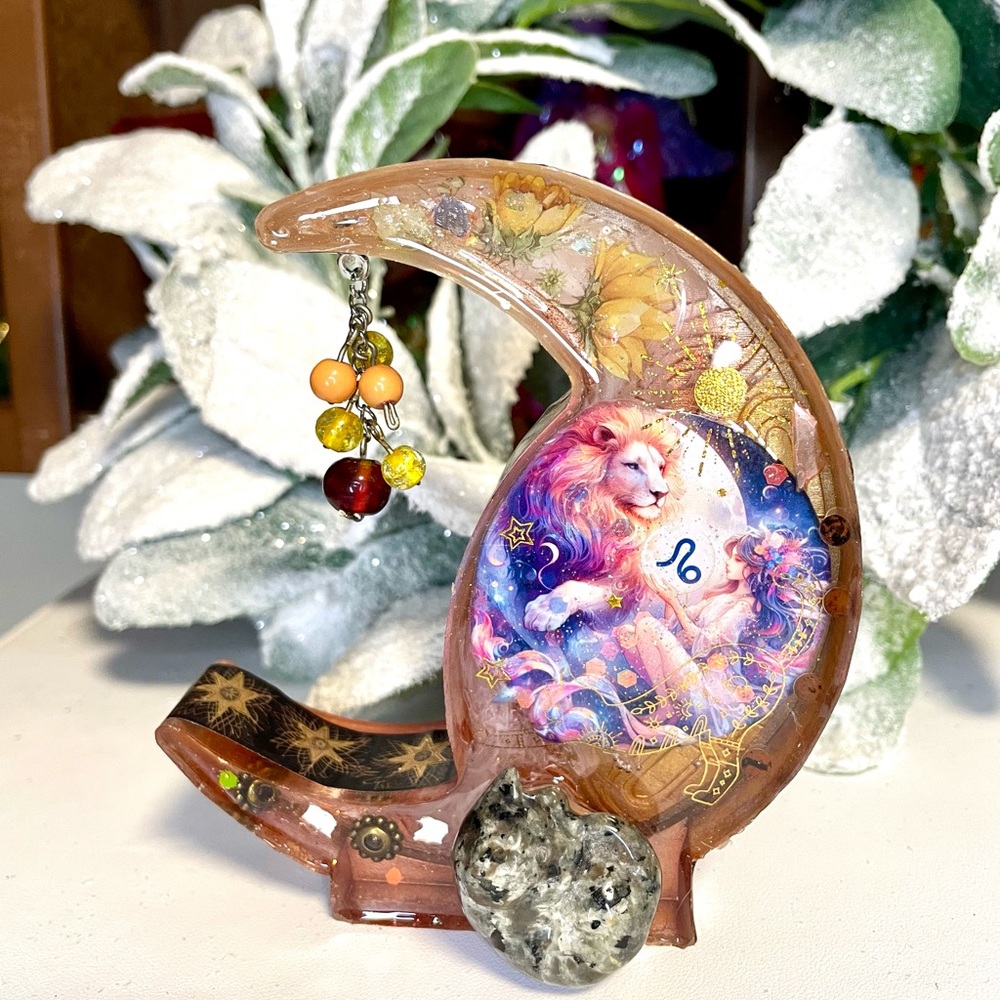Handmade Celestial Leo Lion Zodiac Mixed Media Art Piece - Picture 3 of 4